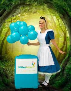 Alice In Wonderland holding Balloons in a forest