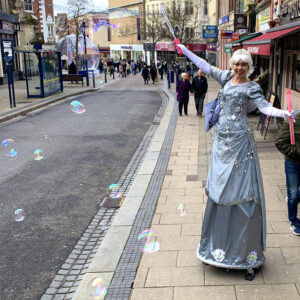 Silver Fairy On Stilts with Bubbles